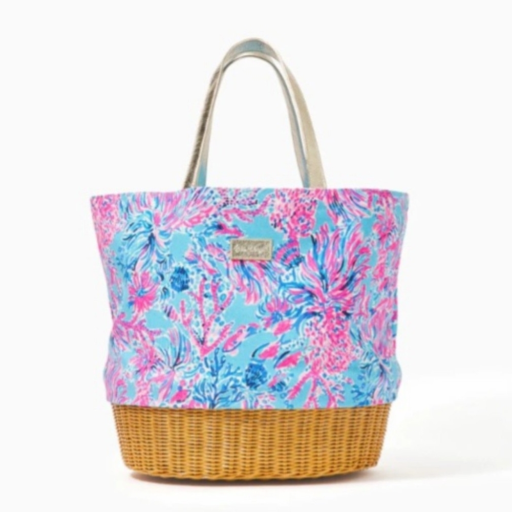 Lilly Pulitzer Vibrant Blue and Pink Wicker Tote And Sunglass Case